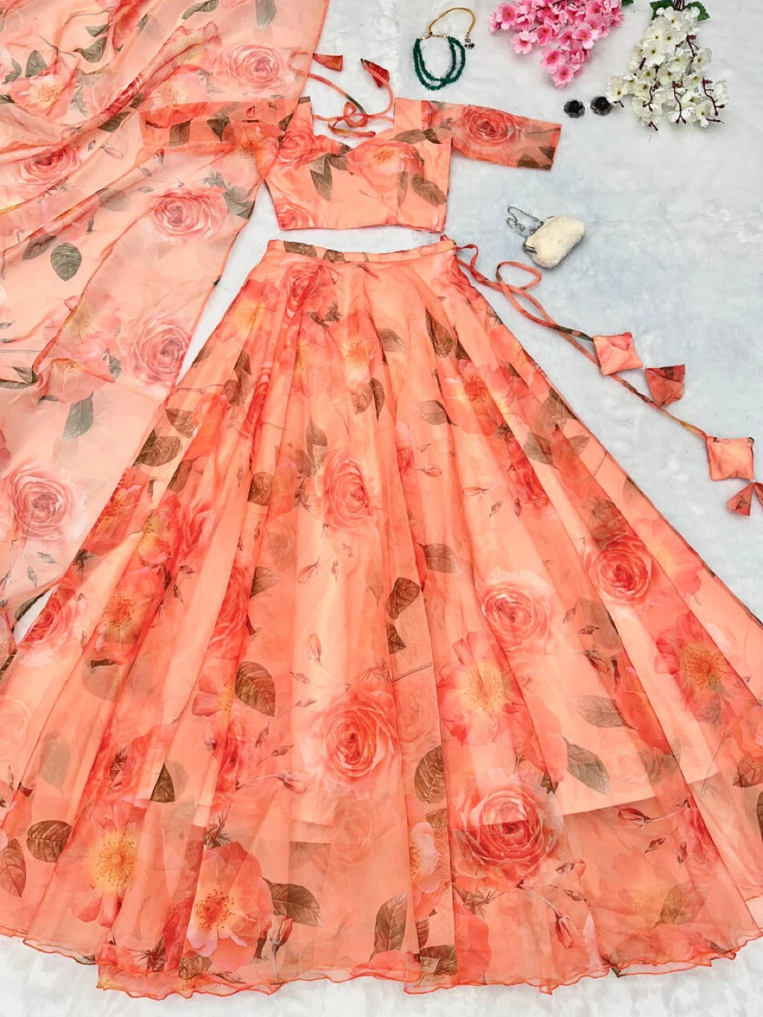 Floral Lehenga Choli Set - Peach/Orange