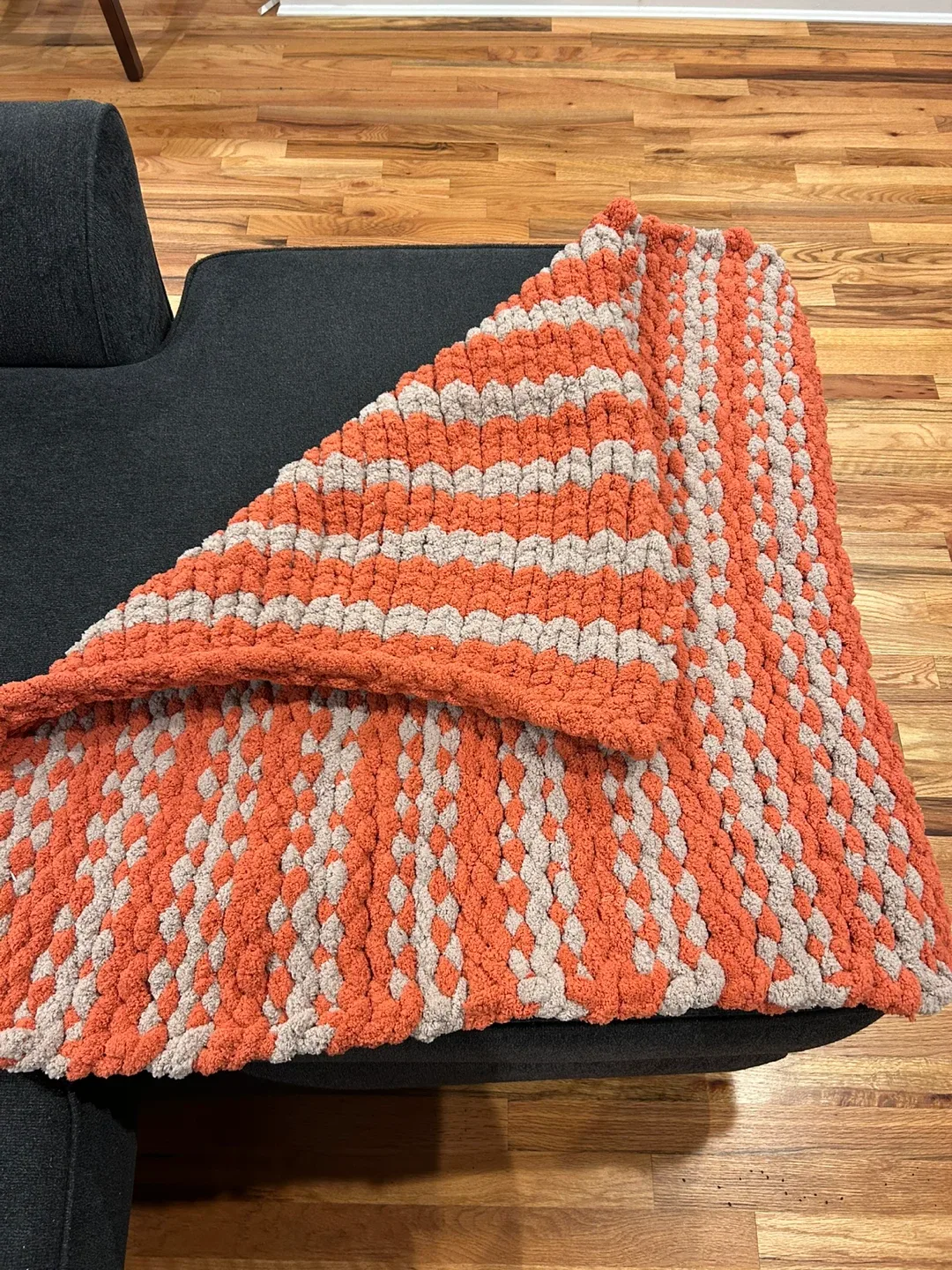 Handmade Chunky Knit Blanket - Orange & Taupe image indicator(2)
