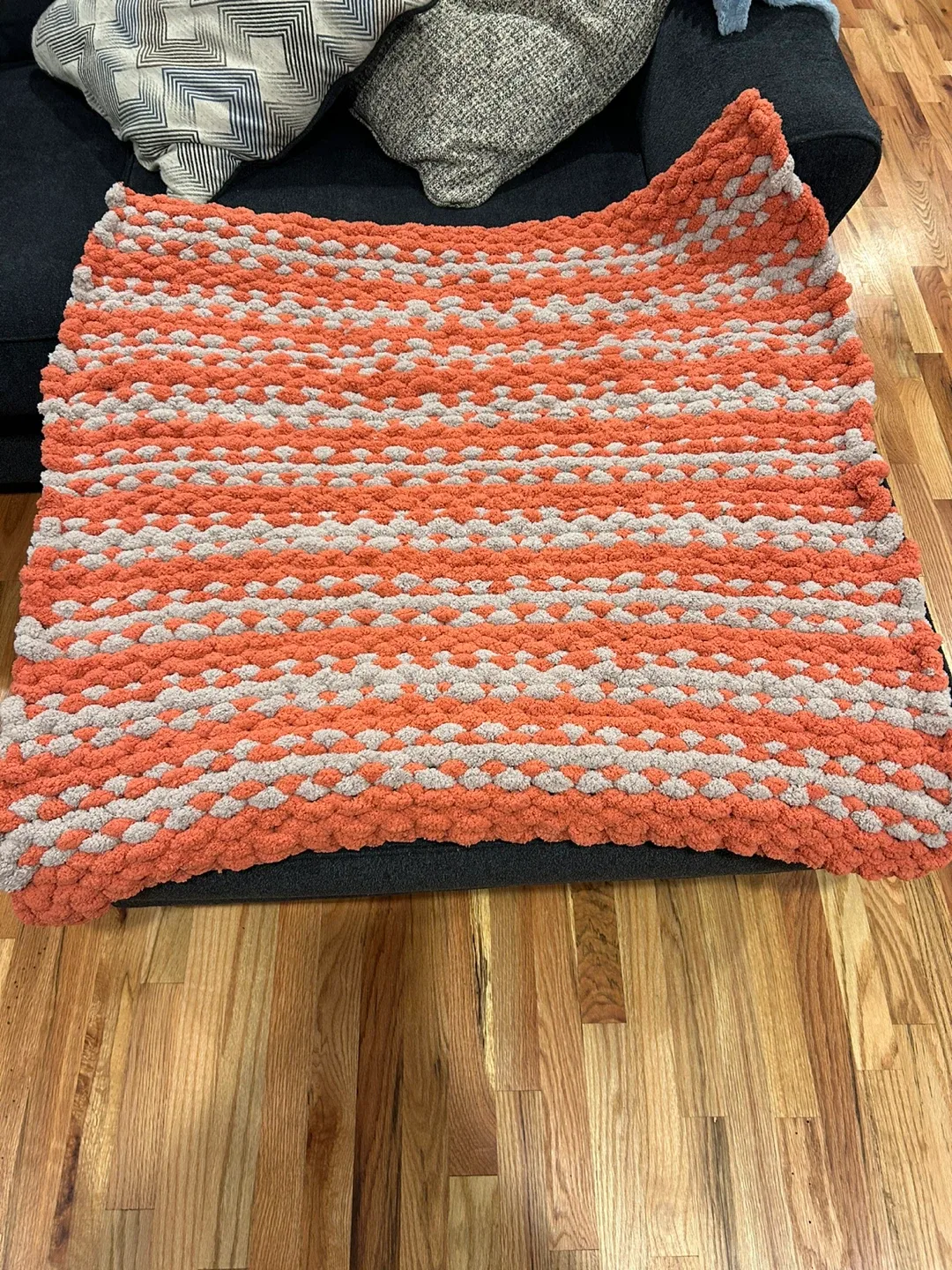 Handmade Chunky Knit Blanket - Orange & Taupe image indicator(3)