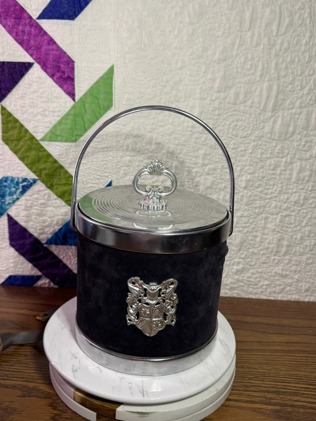 Vintage Black Ice Bucket with Silver Trim