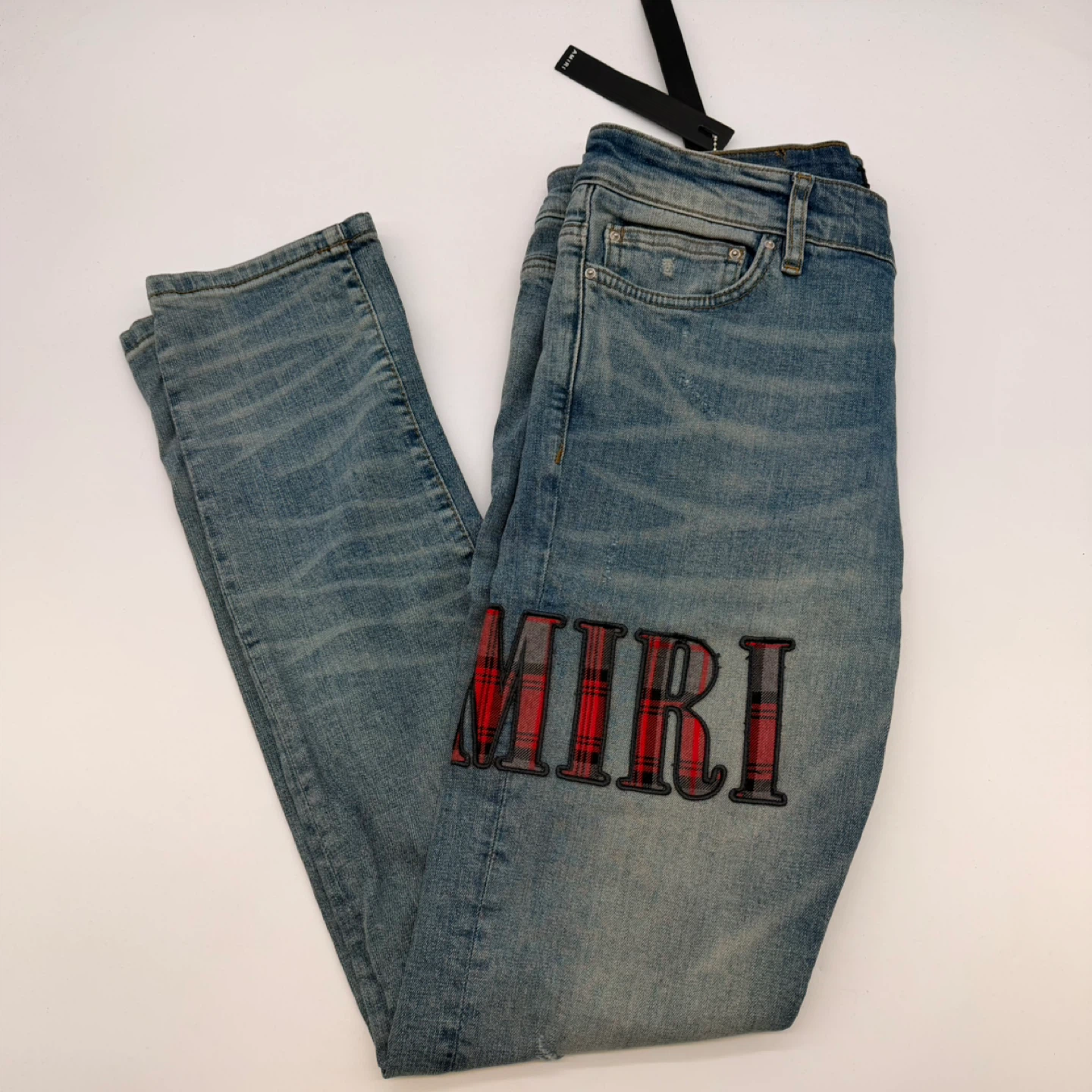 AMIRI Men’s Slim Plaid Appliqué Jeans – Size 34 (Brand New)