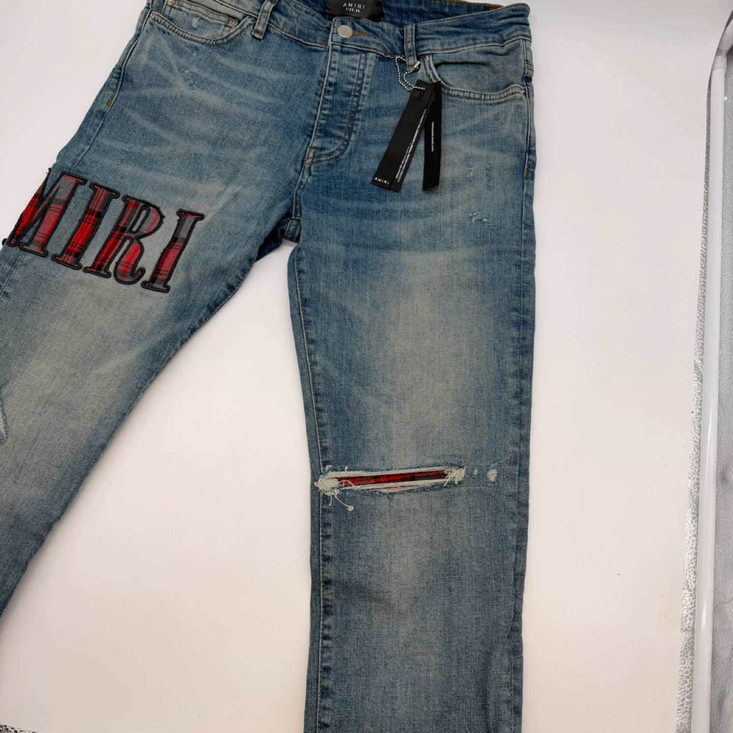 AMIRI Men’s Slim Plaid Appliqué Jeans – Size 34 (Brand New) - photo 4
