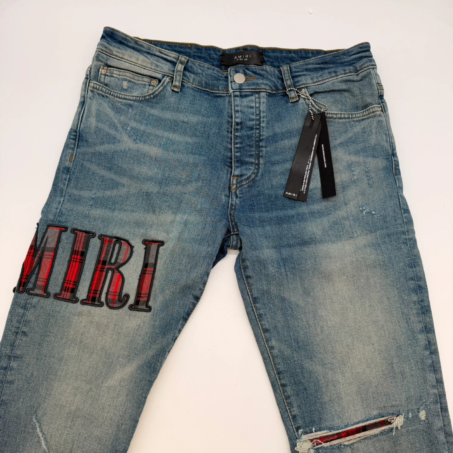 AMIRI Men’s Slim Plaid Appliqué Jeans – Size 34 (Brand New) - photo 3