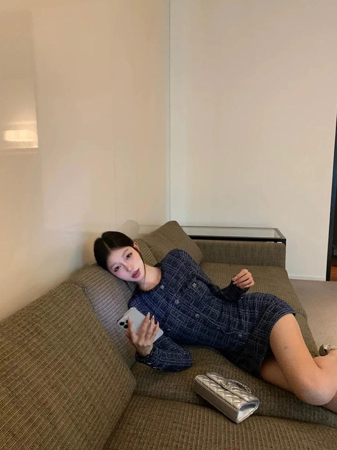 Blue Plaid Tweed Mini Dress image indicator(3)