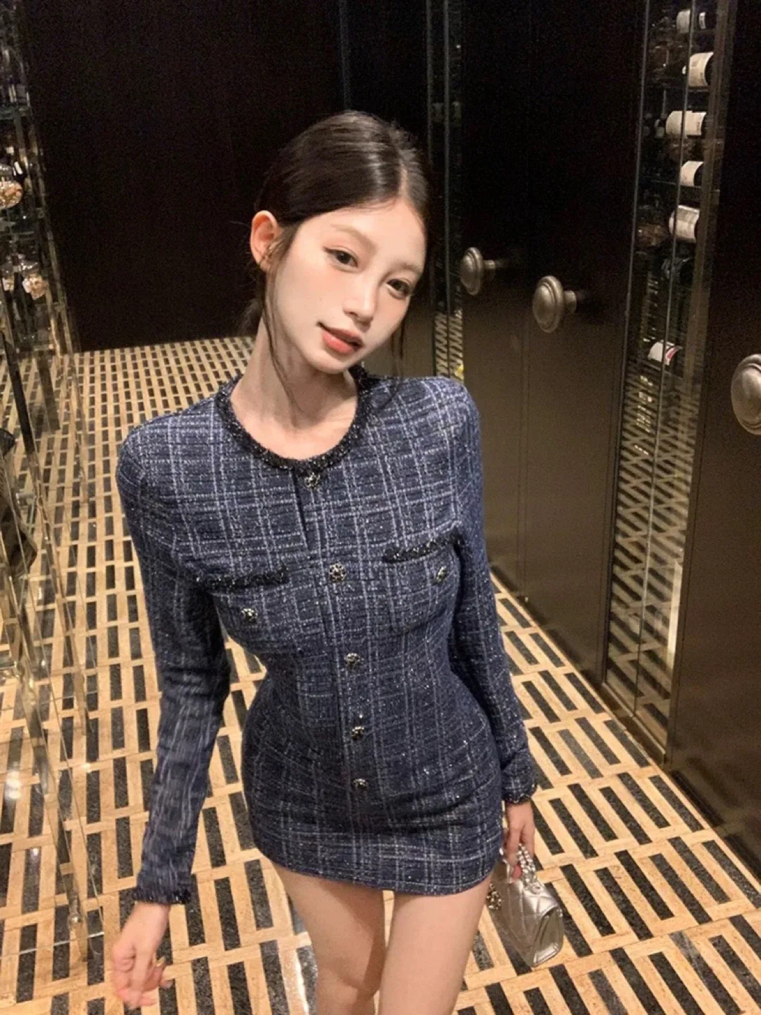 Blue Plaid Tweed Mini Dress image indicator(2)