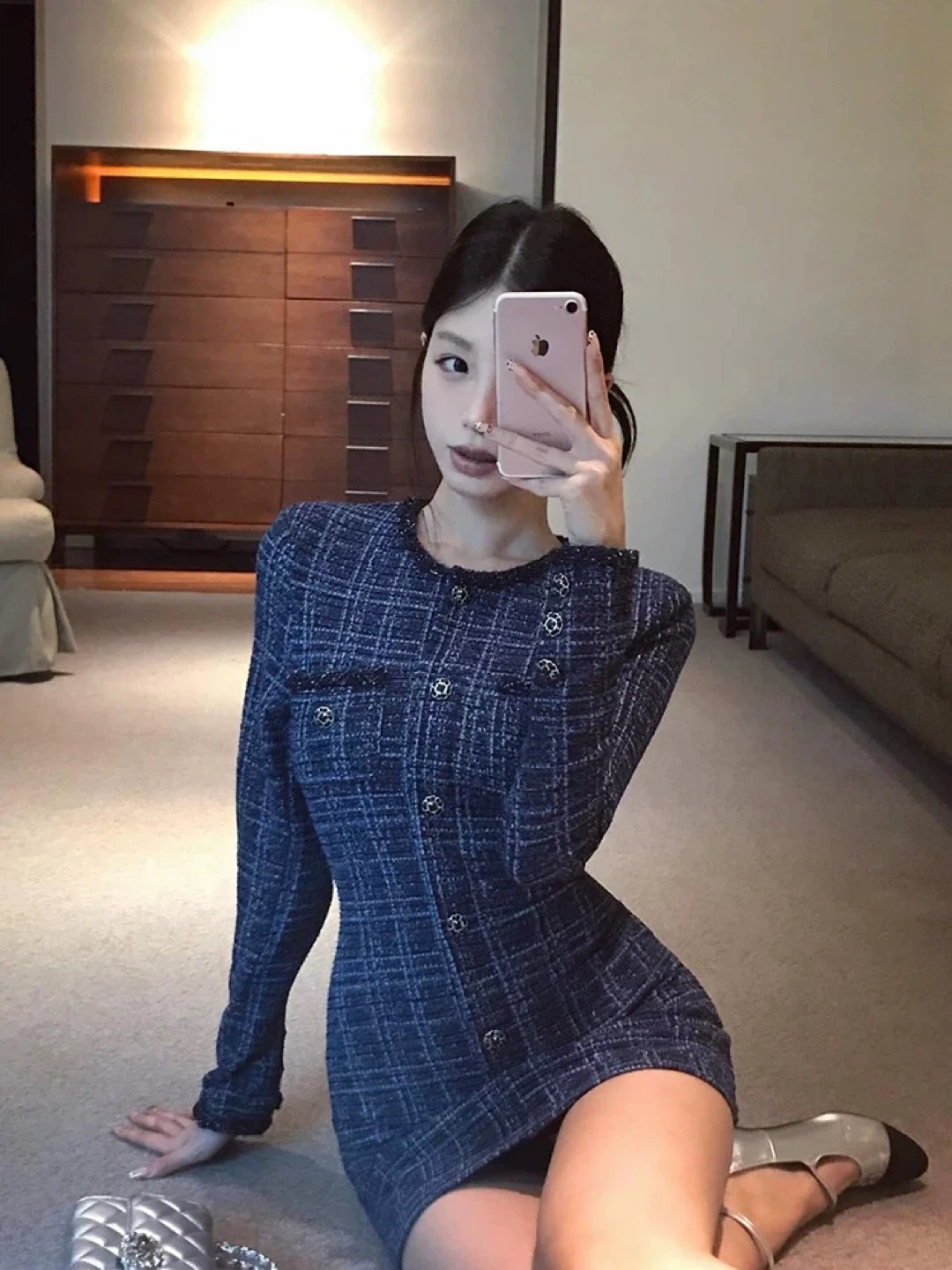 Blue Plaid Tweed Mini Dress