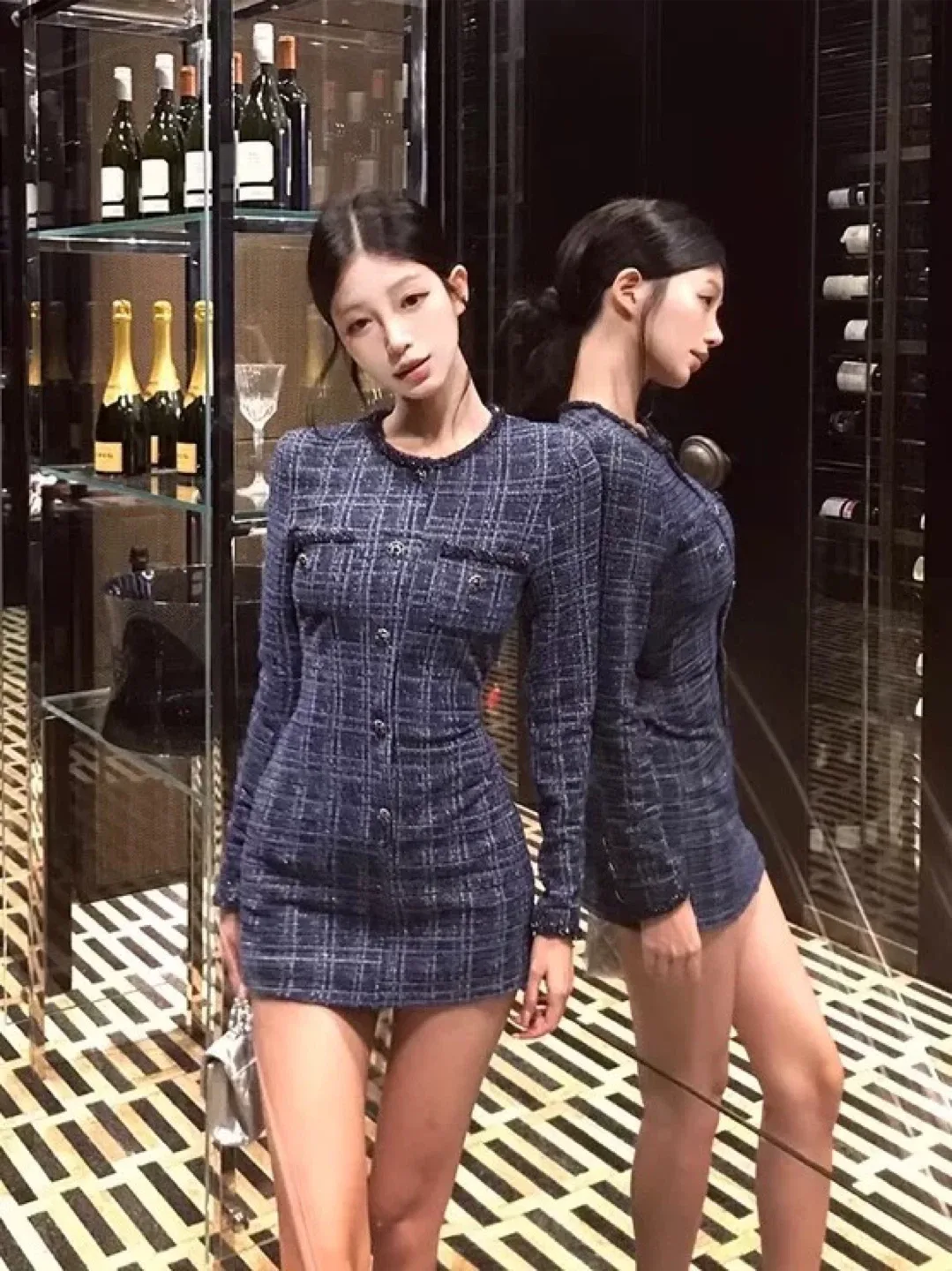 Blue Plaid Tweed Mini Dress image indicator(5)