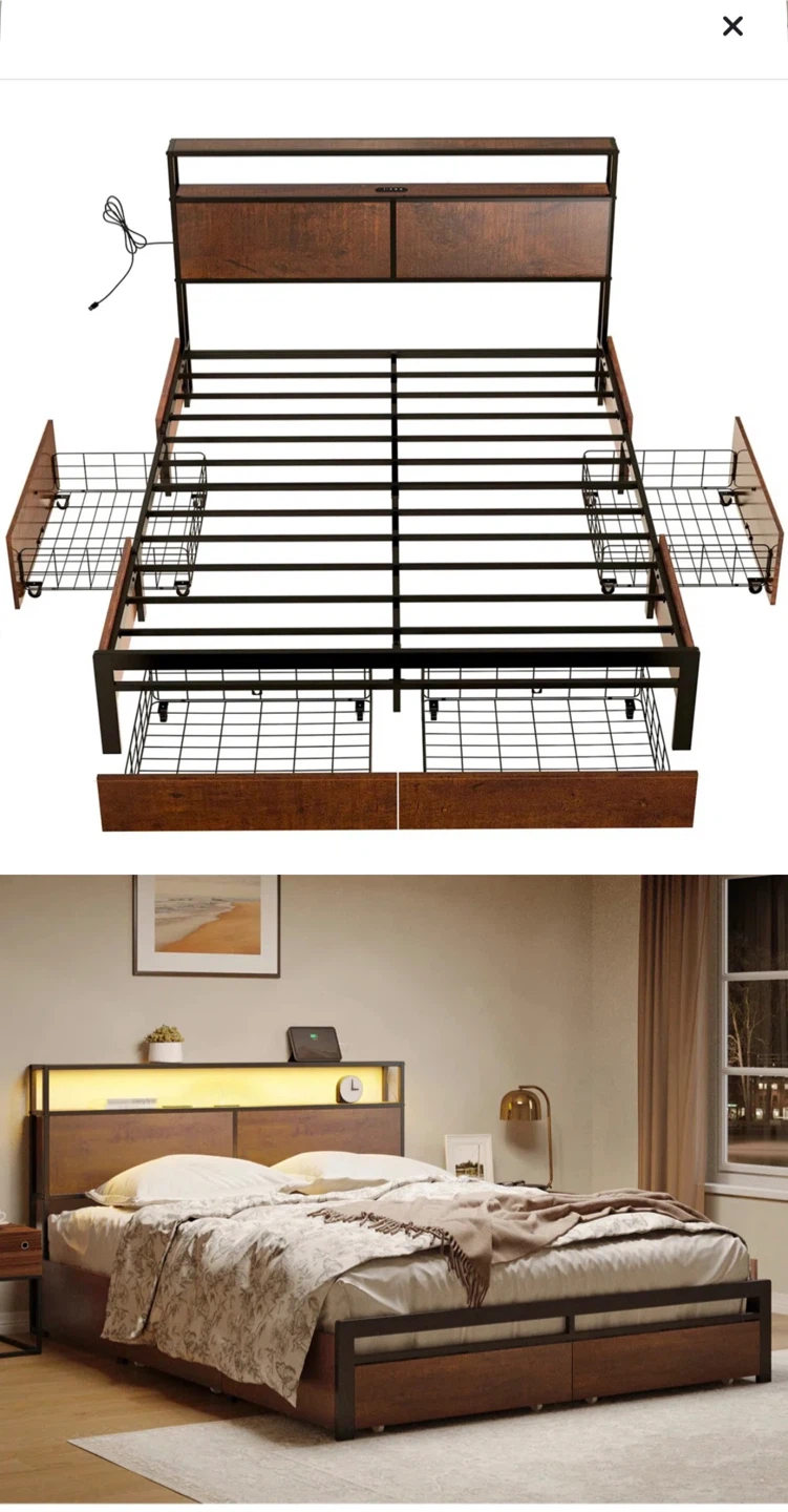 Queen Size Bed Frame with Charging Station