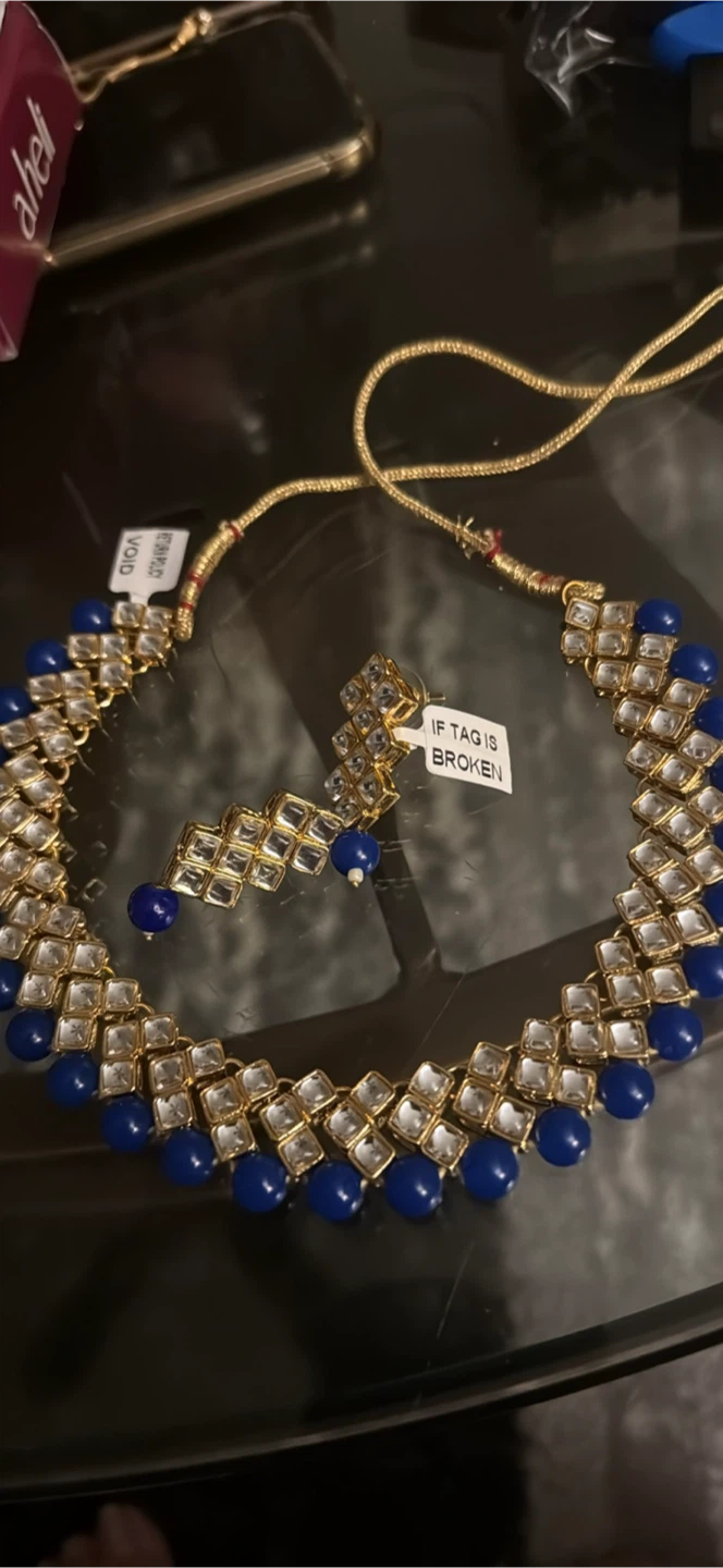 Aheli Kundan Choker Necklace with Earrings - Blue - photo 2