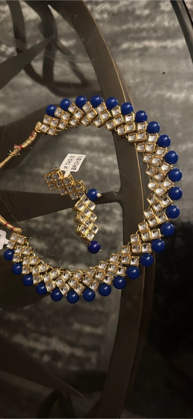Aheli Kundan Choker Necklace with Earrings - Blue - photo 3