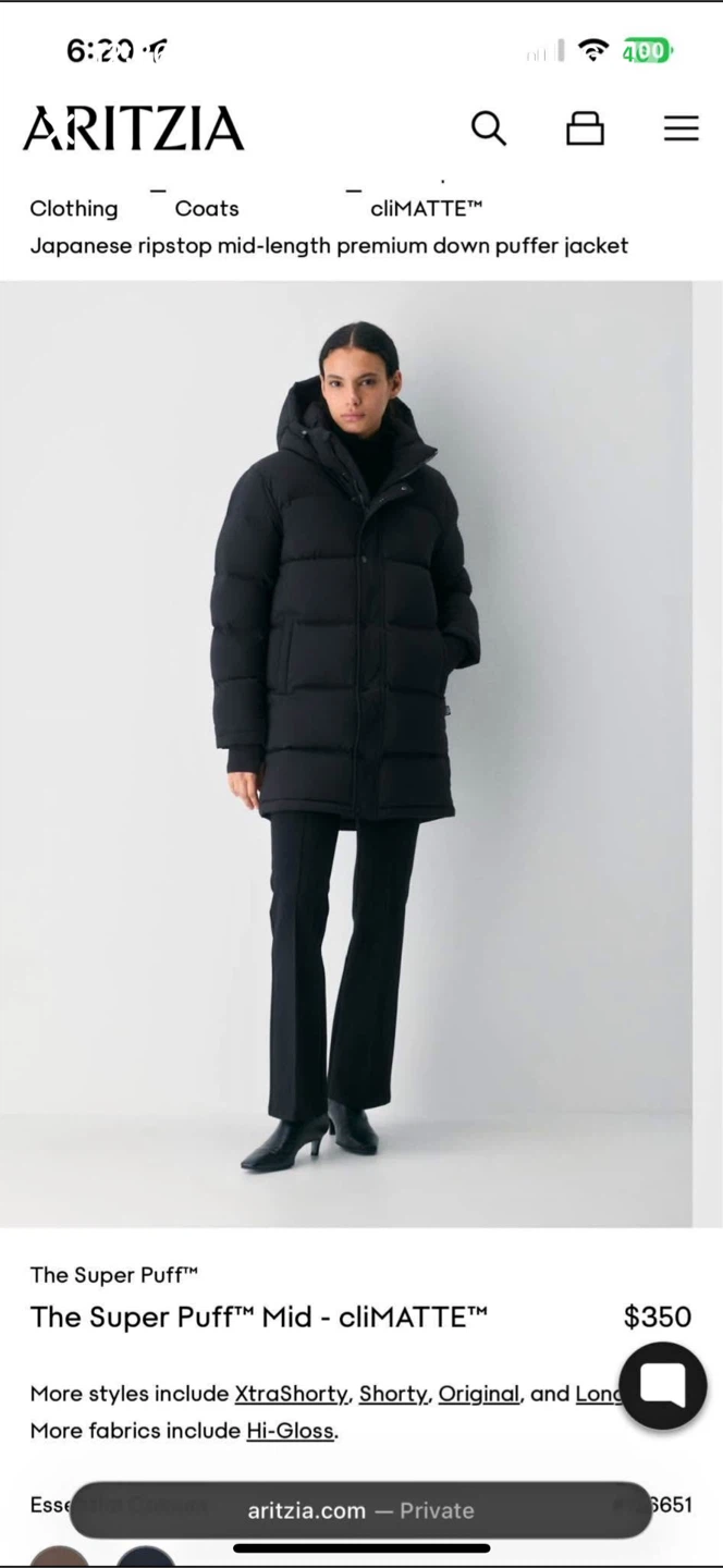 Aritzia The Super Puff Mid - Black, XS
