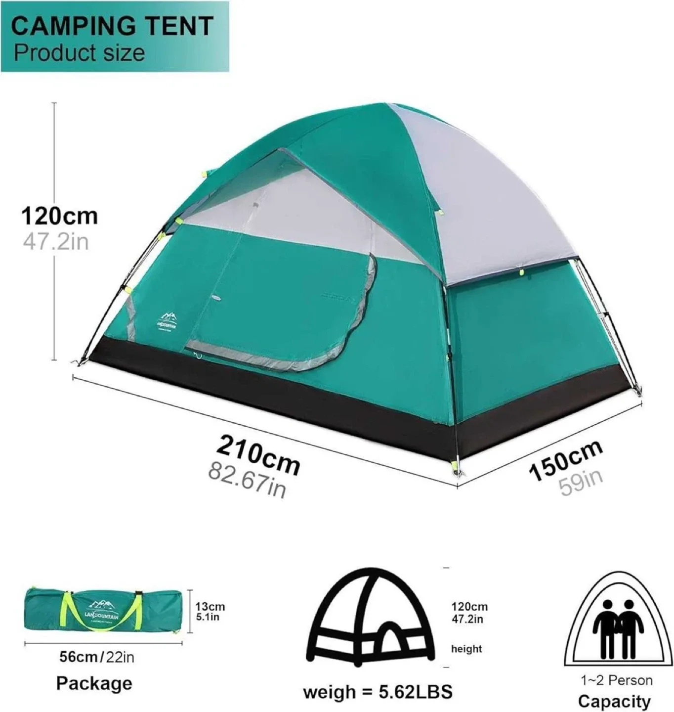Lake Mountain Camping Tent - Sleeps 1-2, Teal & Grey - NEW image indicator(3)