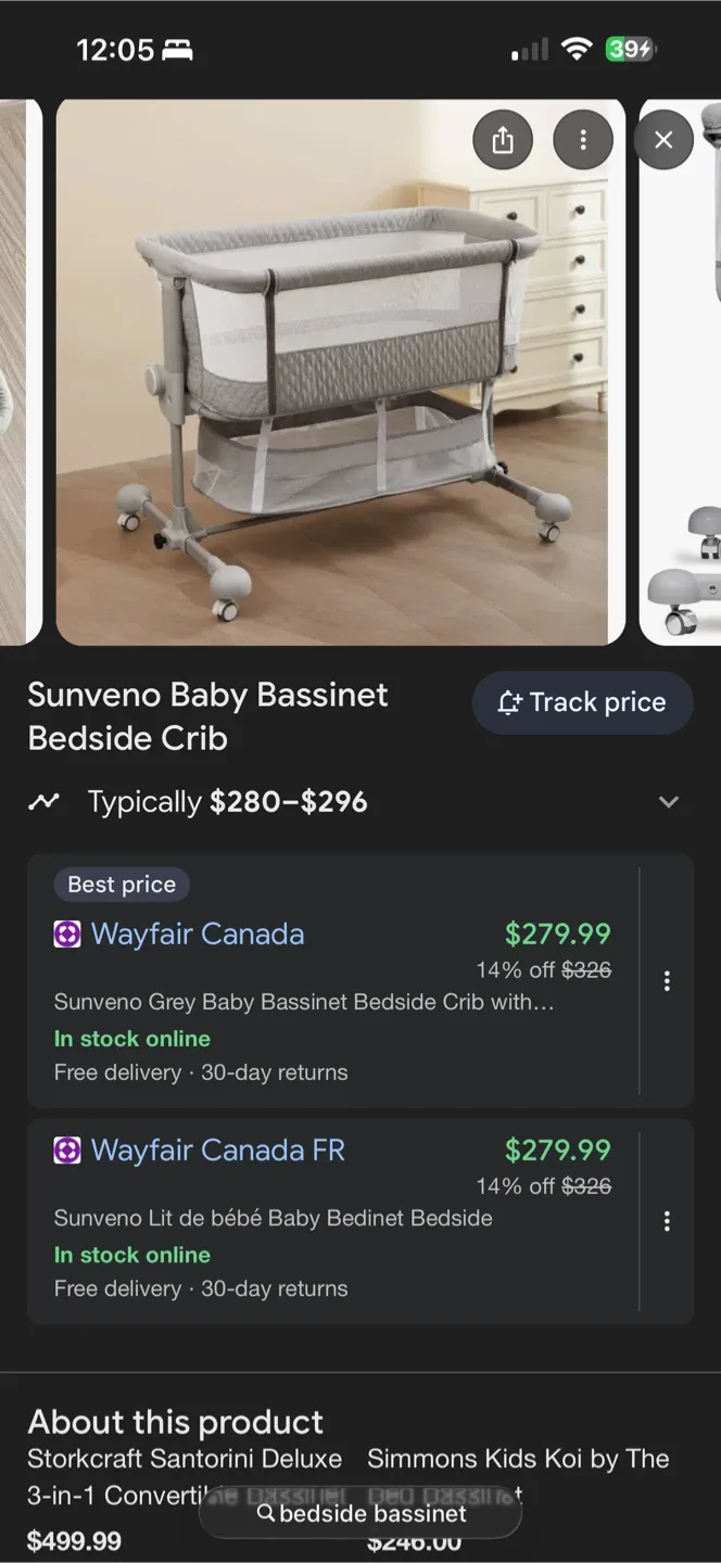 Sunveno Baby Bassinet Bedside Crib - Grey