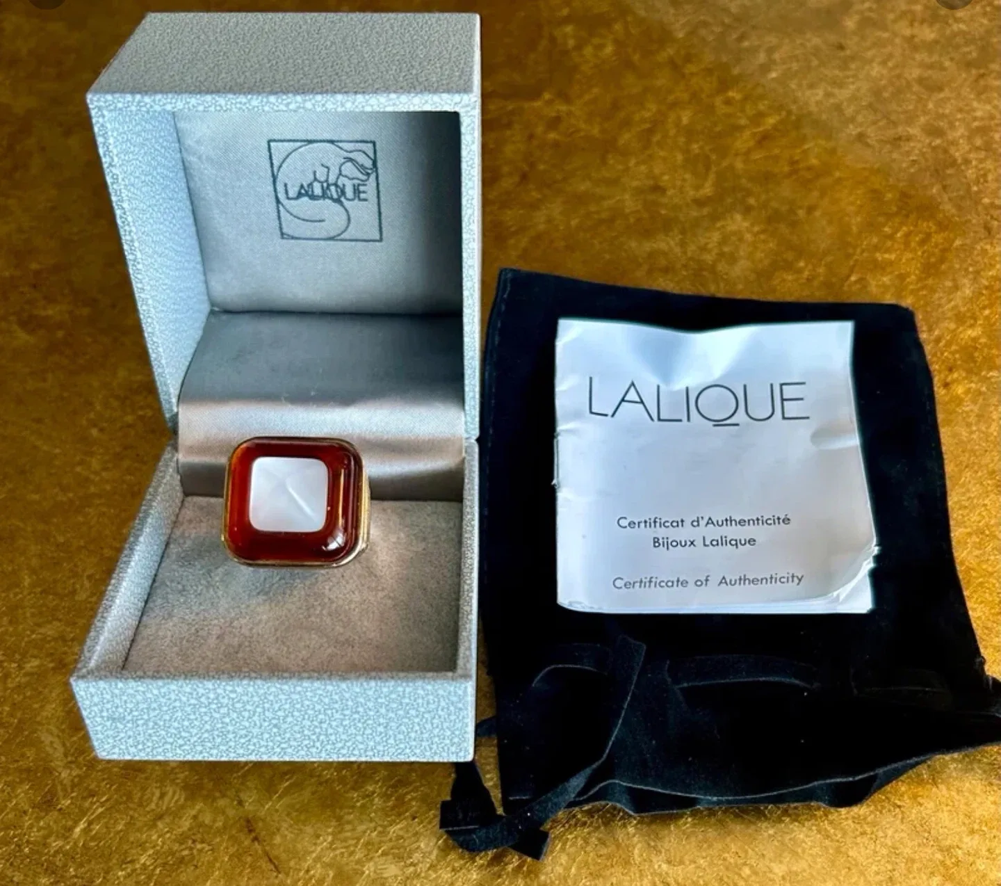 Lalique Retro Amber  Pyramid Domed Gold Vermeil Ring