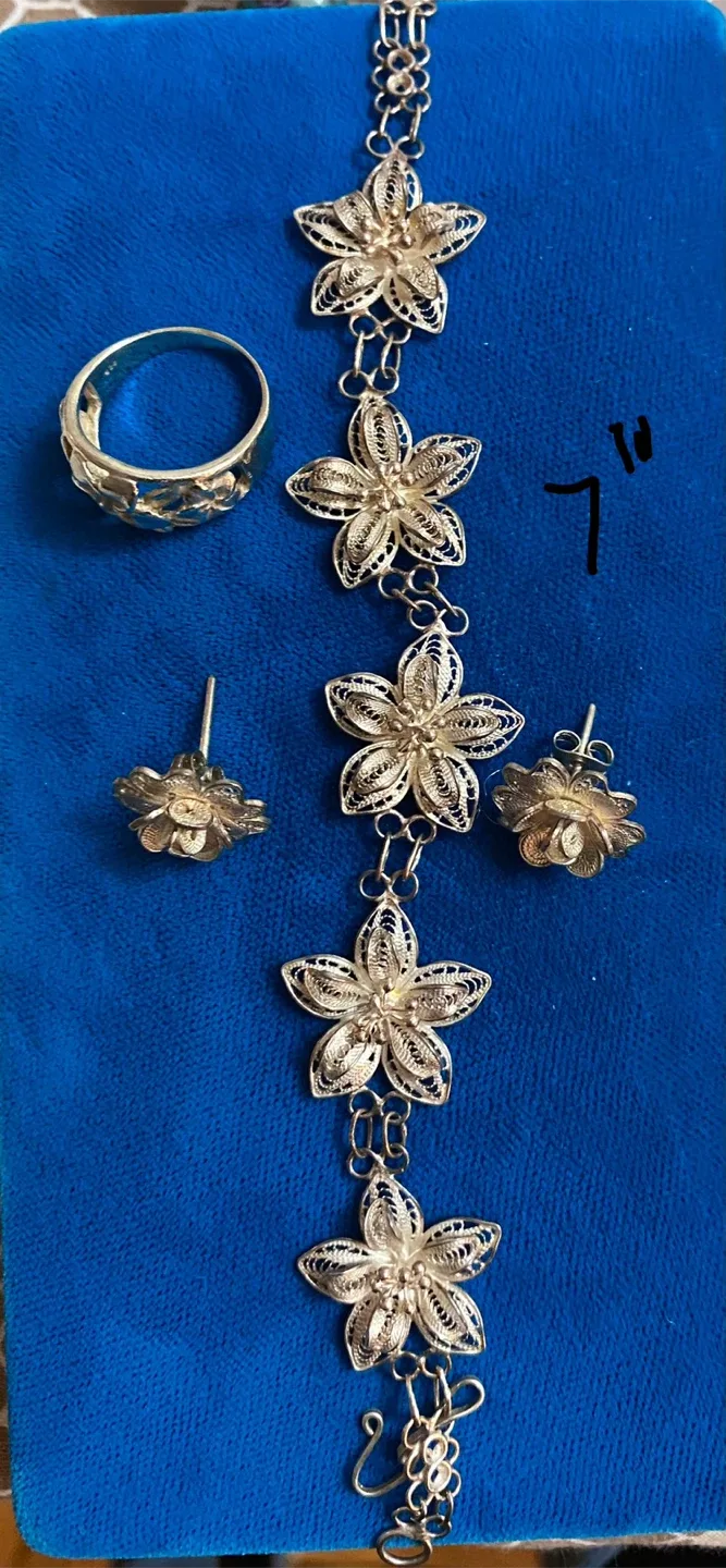 Silver Filigree Flower Jewelry Set - Ring, Earrings, Bracelet thumbnail