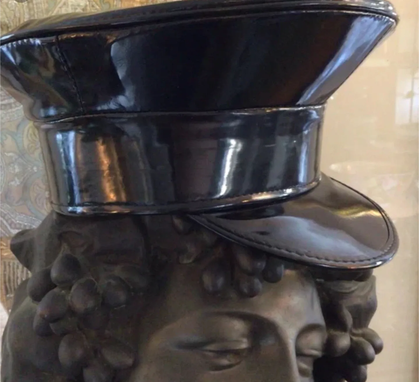 Designer Black Patent Leather Hat image indicator(2)