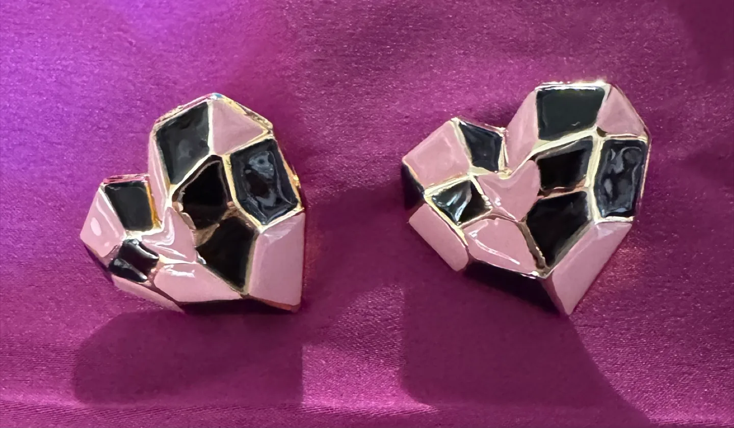 14K Plated Geometric Heart Stud Earrings Pink Black Enameling
