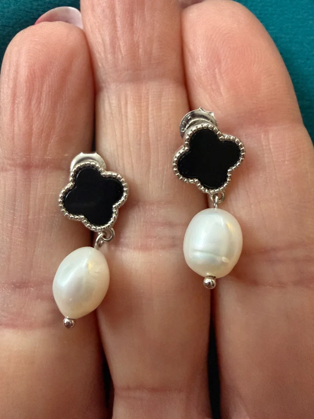 925 silver real pearl onyx earrings