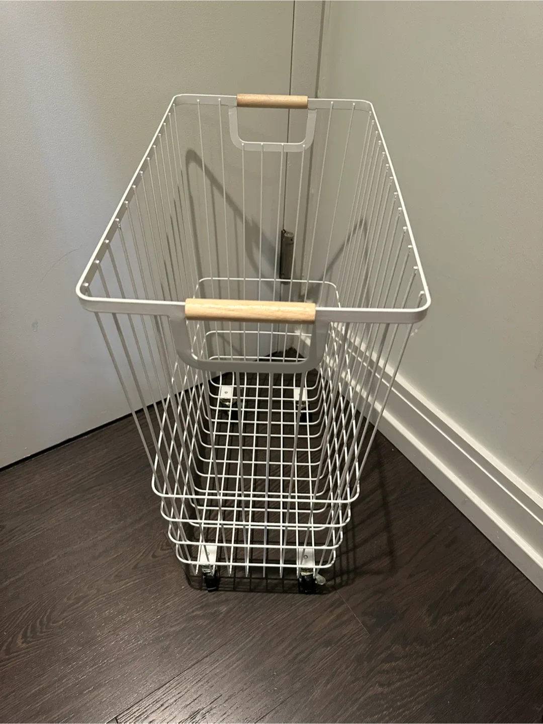 William Sonoma White Metal and Bamboo Laundry Basket with Wheels image indicator(2)