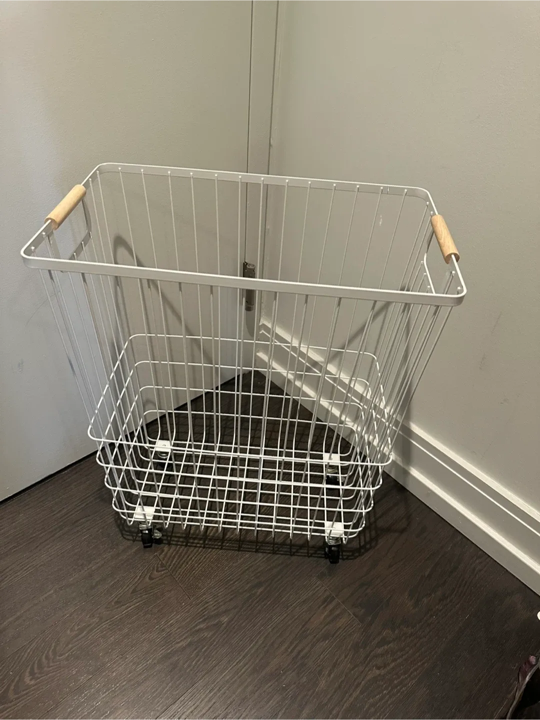 William Sonoma White Metal and Bamboo Laundry Basket with Wheels