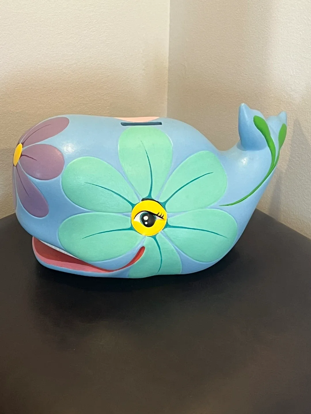 Vintage Atlantic Mold Ceramic Hippie Flower Whale Coin Bank