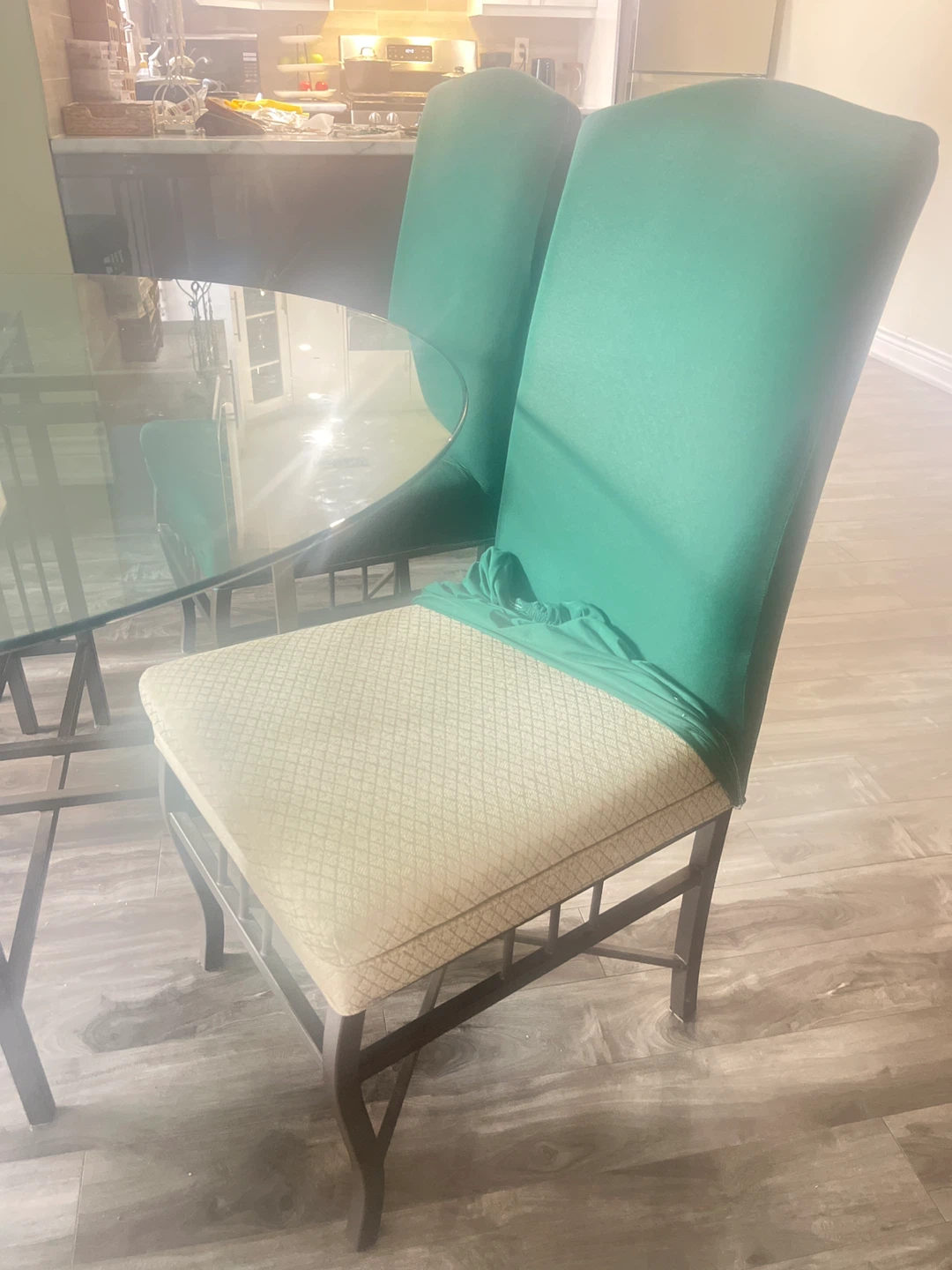 Glass Round Dining Table with 6 Green Chairs - photo 2