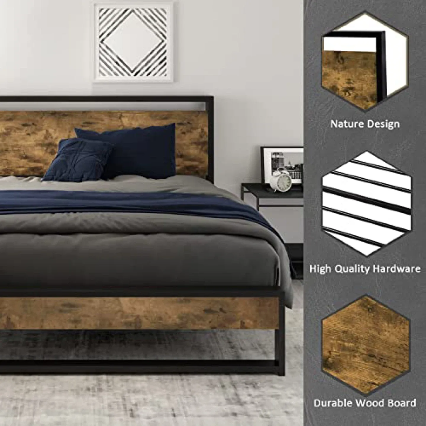 Metal Bed Frame with Wood Headboard