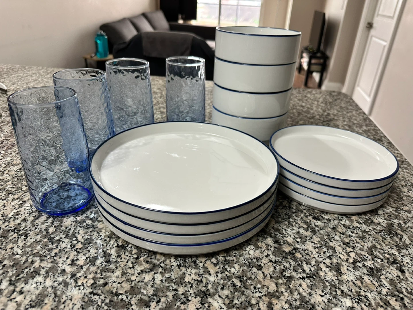 Dinnerware Set: Plates, Bowls & Textured Blue Glasses