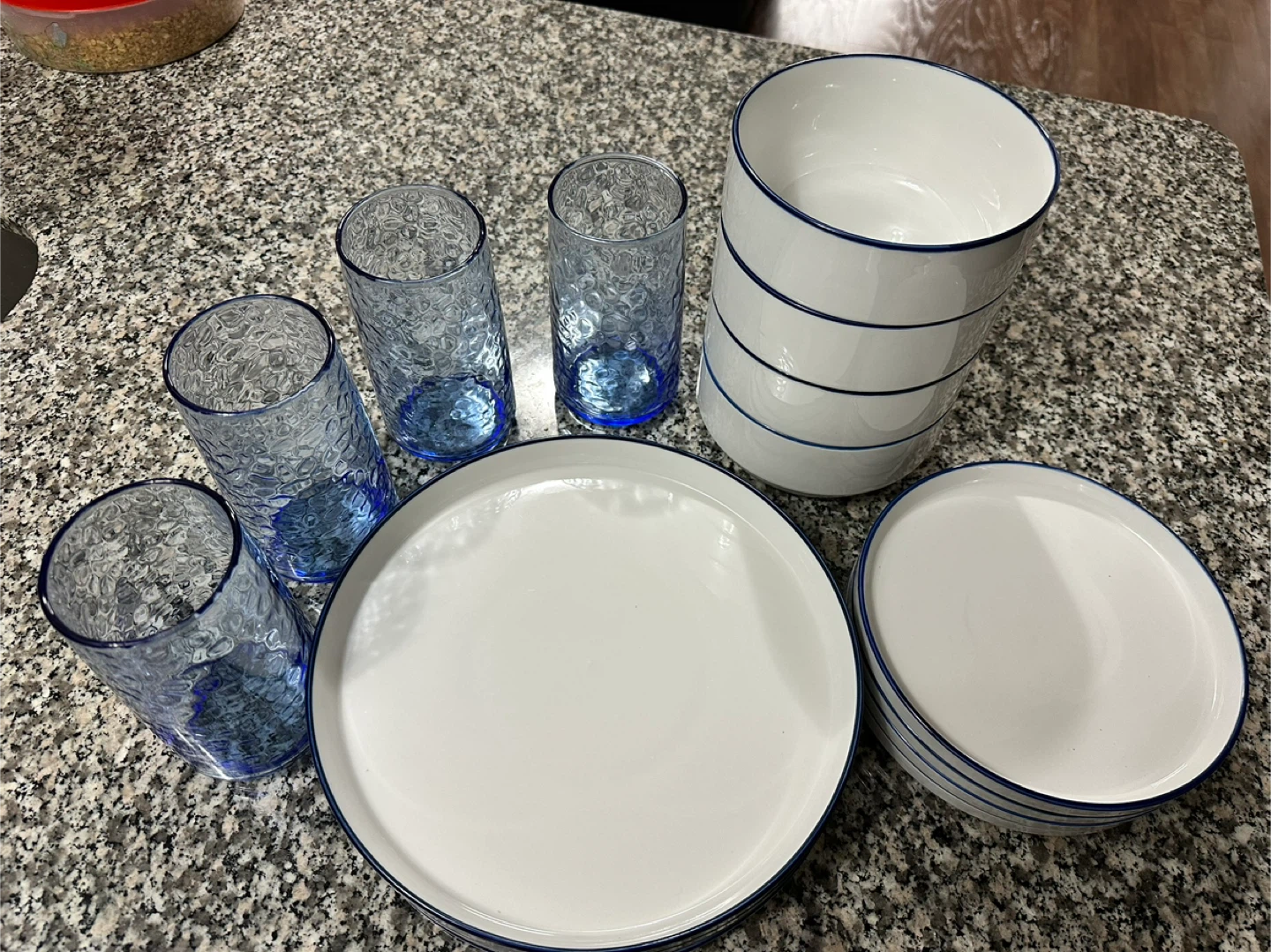 Dinnerware Set: Plates, Bowls & Textured Blue Glasses - photo 2