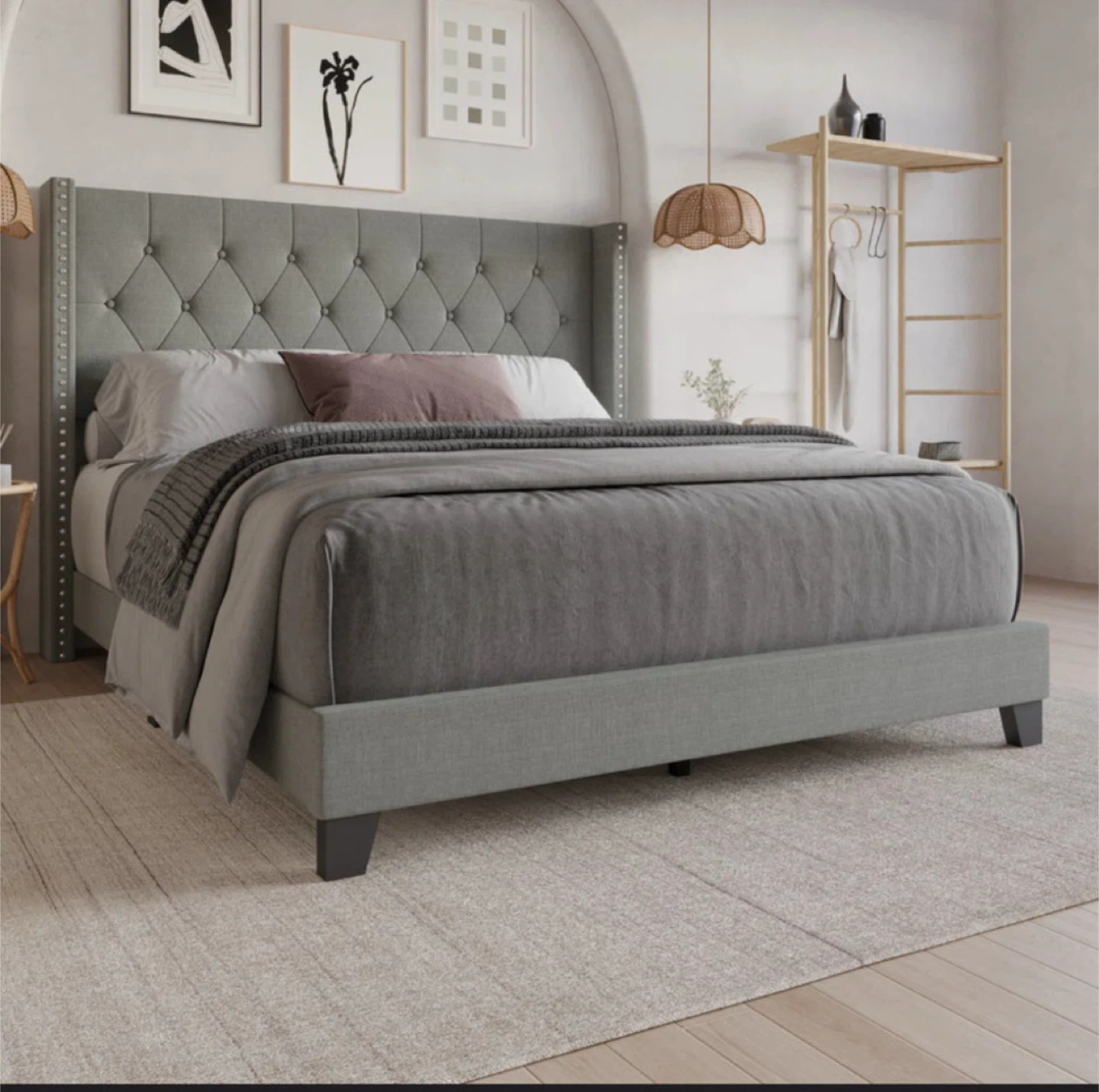 Queen size Bed Frame with Mattress & Foundation .- Grey