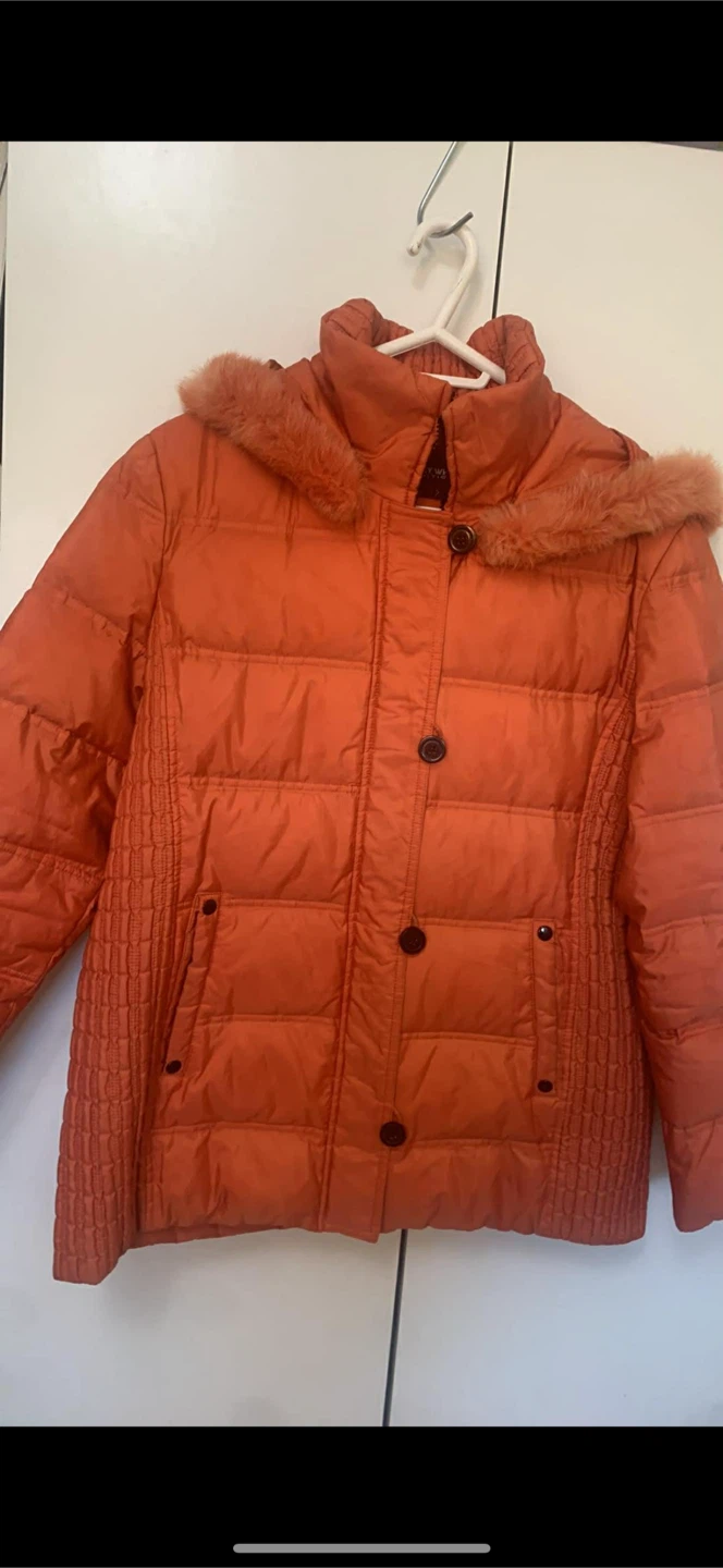 Orange Puffer Jacket with Faux Fur Hood