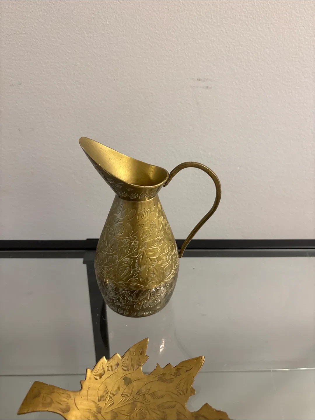 Vintage Etched Brass Pitcher and Leaf Dish Set image indicator(3)