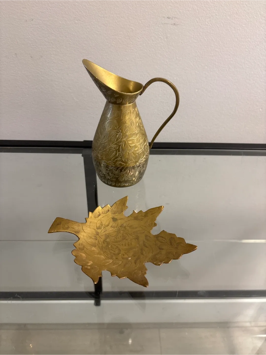 Vintage Etched Brass Pitcher and Leaf Dish Set