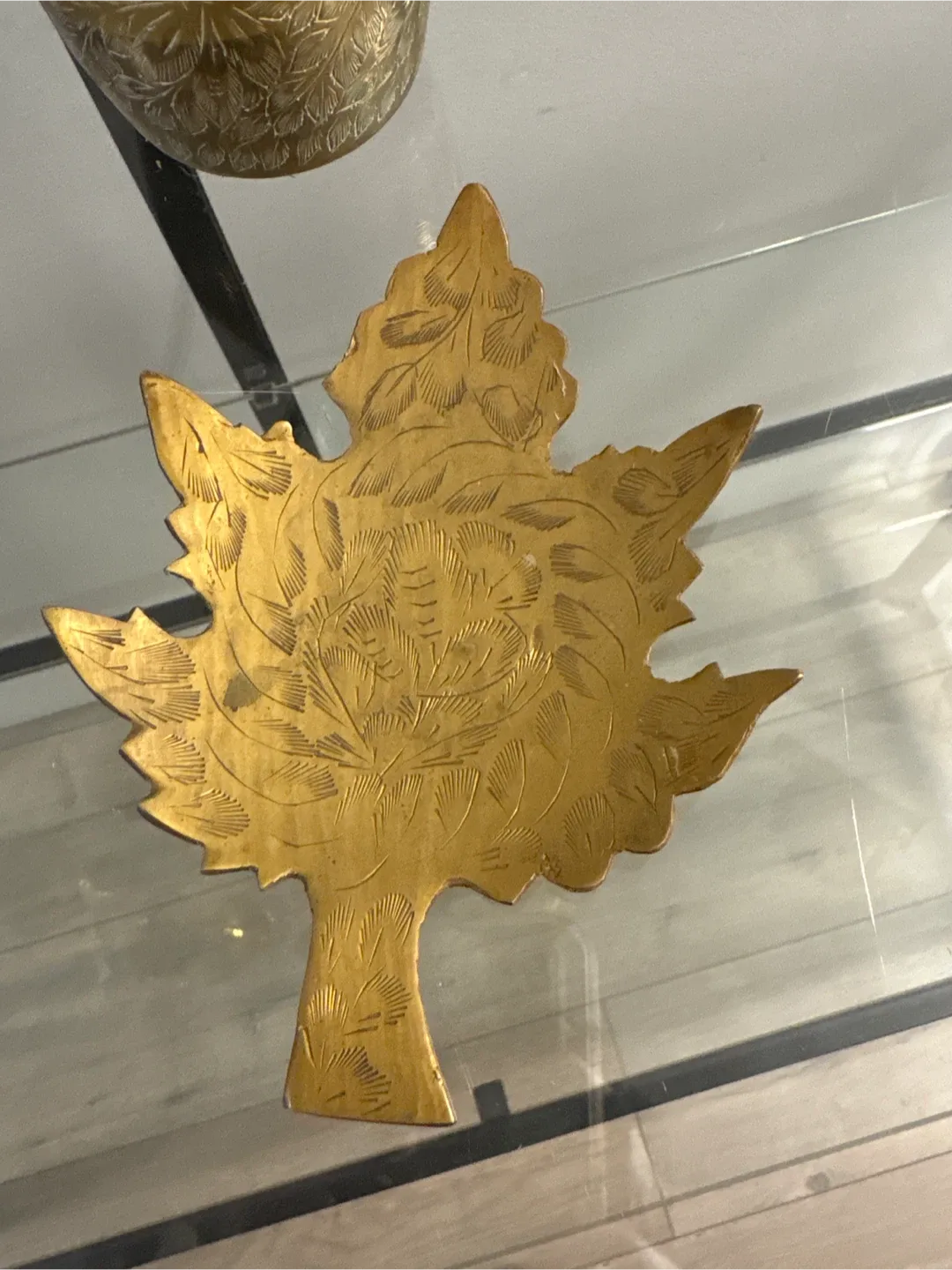 Vintage Etched Brass Pitcher and Leaf Dish Set image indicator(6)