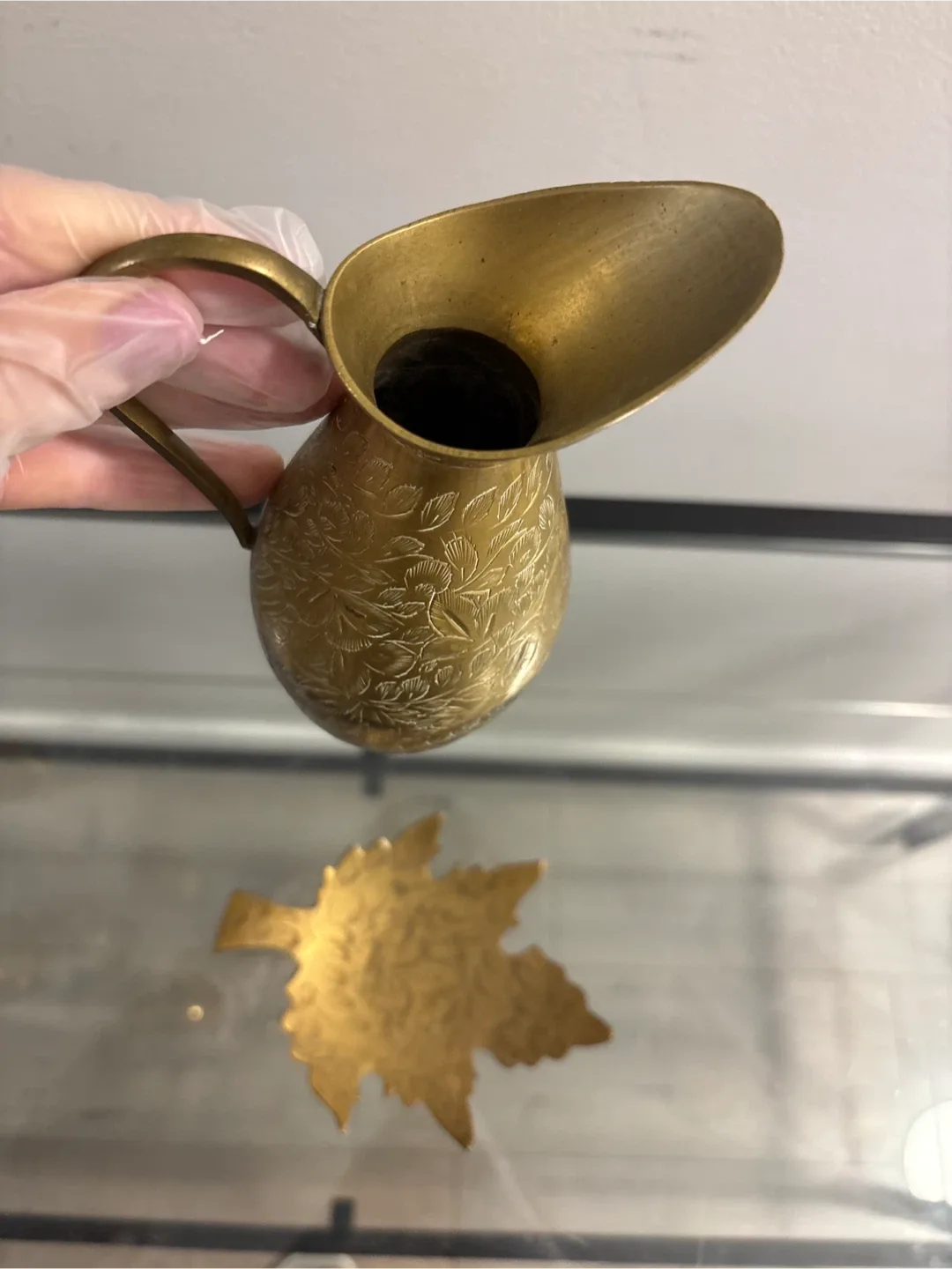 Vintage Etched Brass Pitcher and Leaf Dish Set image indicator(5)