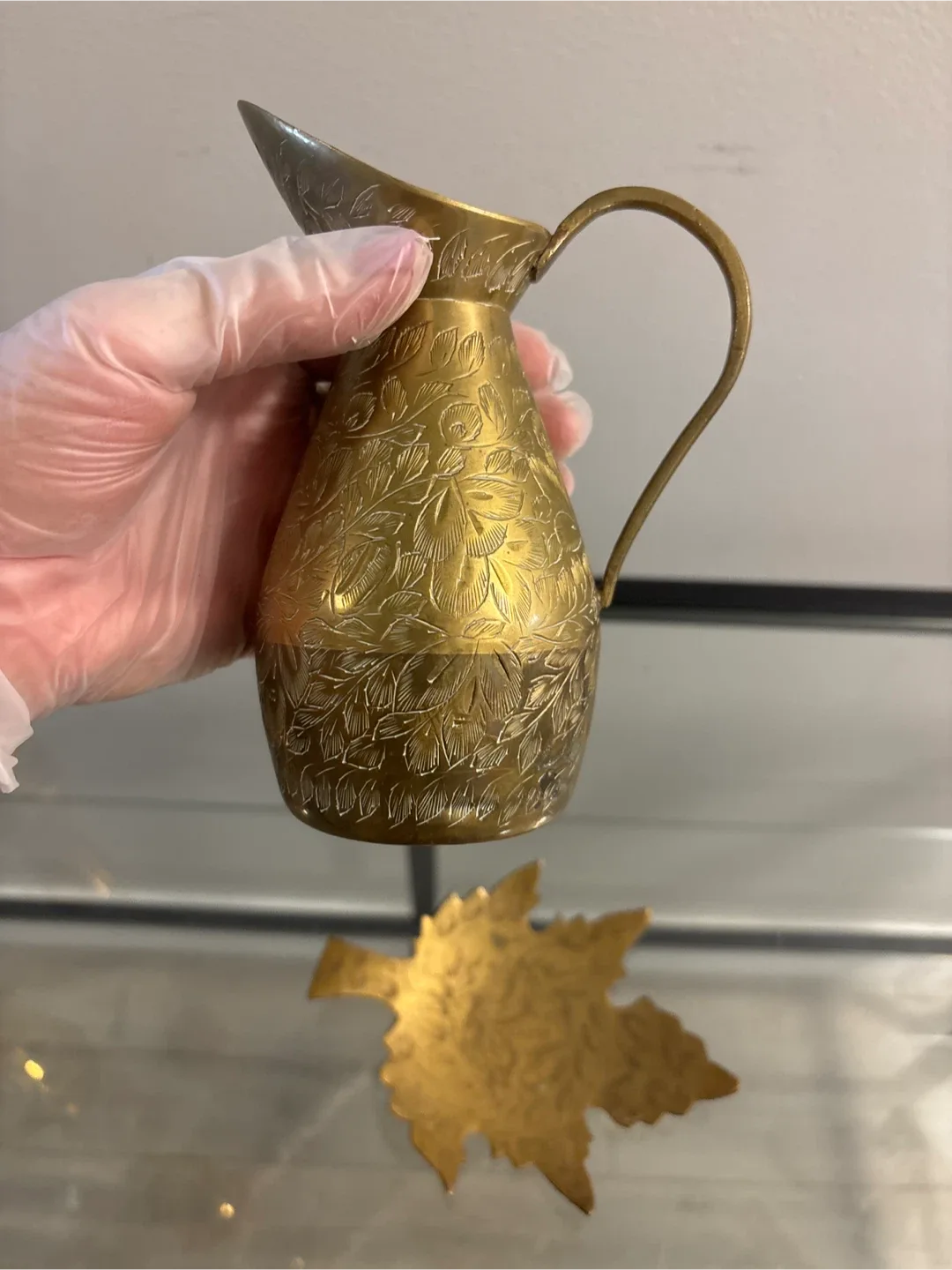 Vintage Etched Brass Pitcher and Leaf Dish Set image indicator(4)