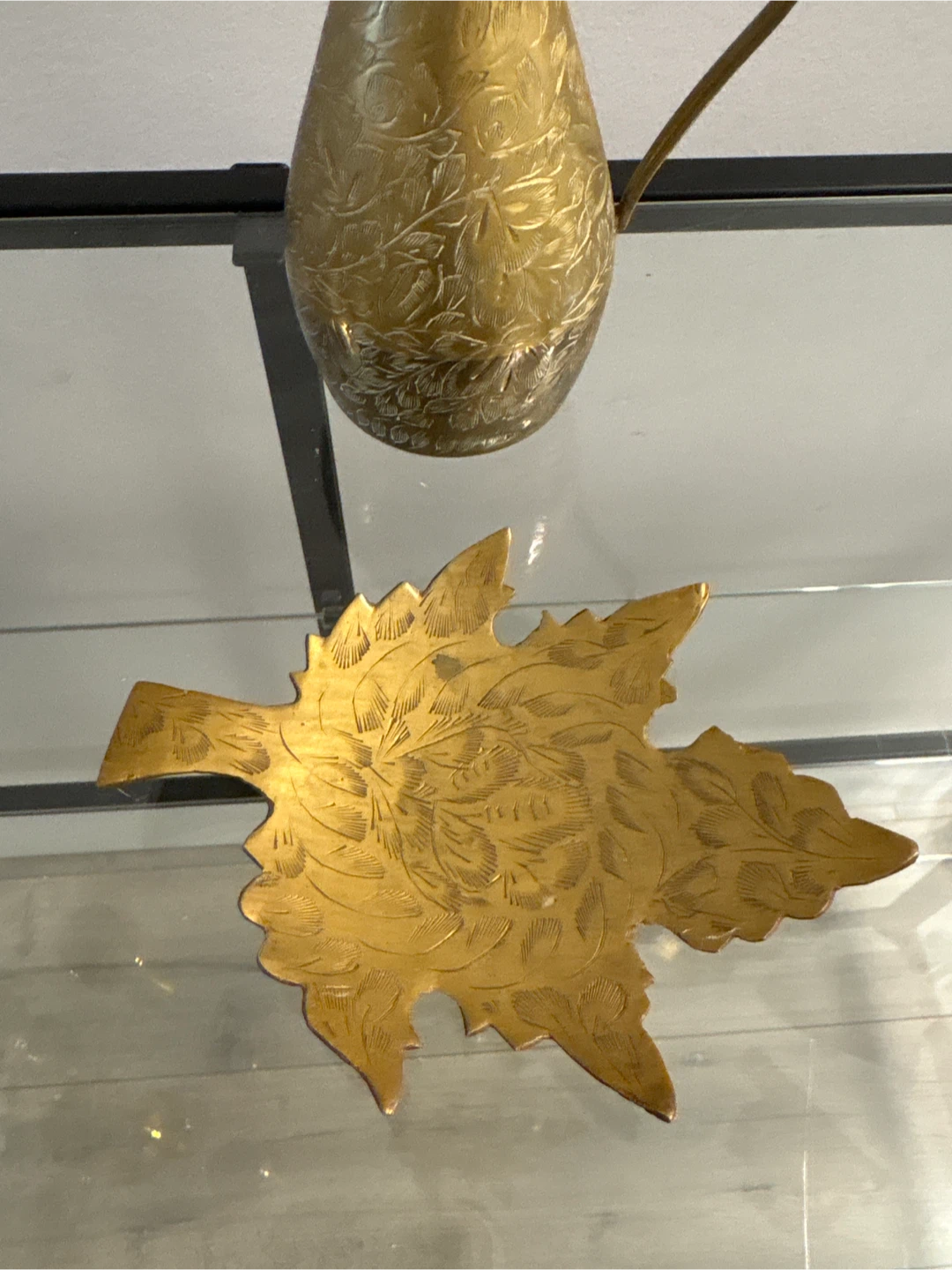 Vintage Etched Brass Pitcher and Leaf Dish Set - photo 2
