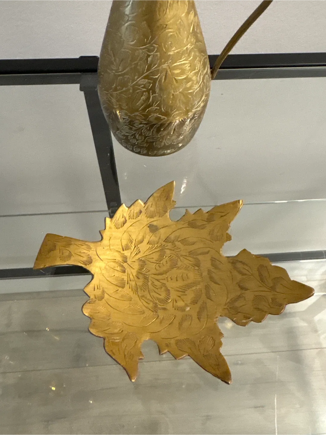 Vintage Etched Brass Pitcher and Leaf Dish Set image indicator(2)