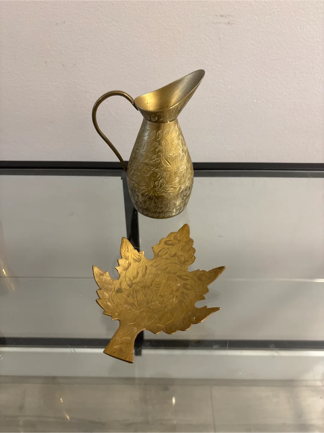 Vintage Etched Brass Pitcher and Leaf Dish Set image indicator(7)