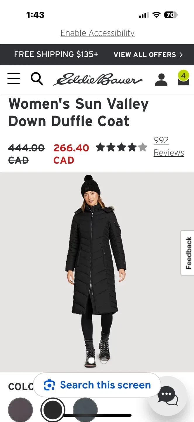 Eddie Bauer Sun Valley Down Duffle Coat - Black
