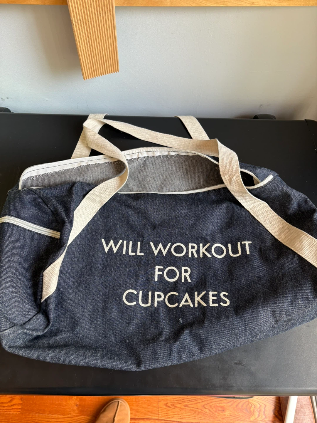Denim Gym Bag - Will Workout For Cupcakes