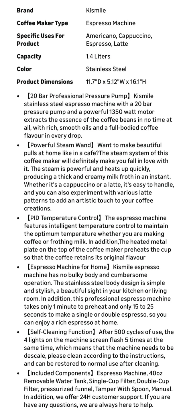 Kismile Espresso Machine with Milk Frother - Stainless Steel image indicator(3)