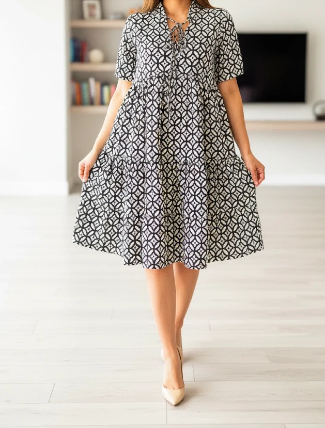 Black & White Print Tiered Mini Dress