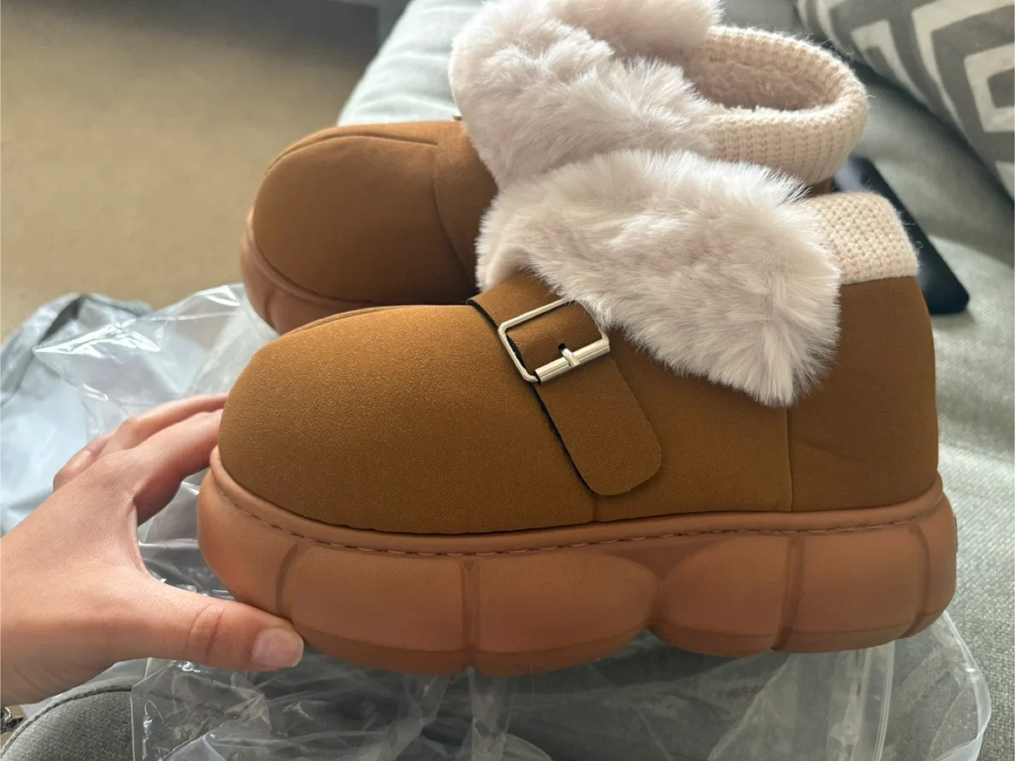 Brown Platform Fur Trimmed Buckle Shoes image indicator(4)