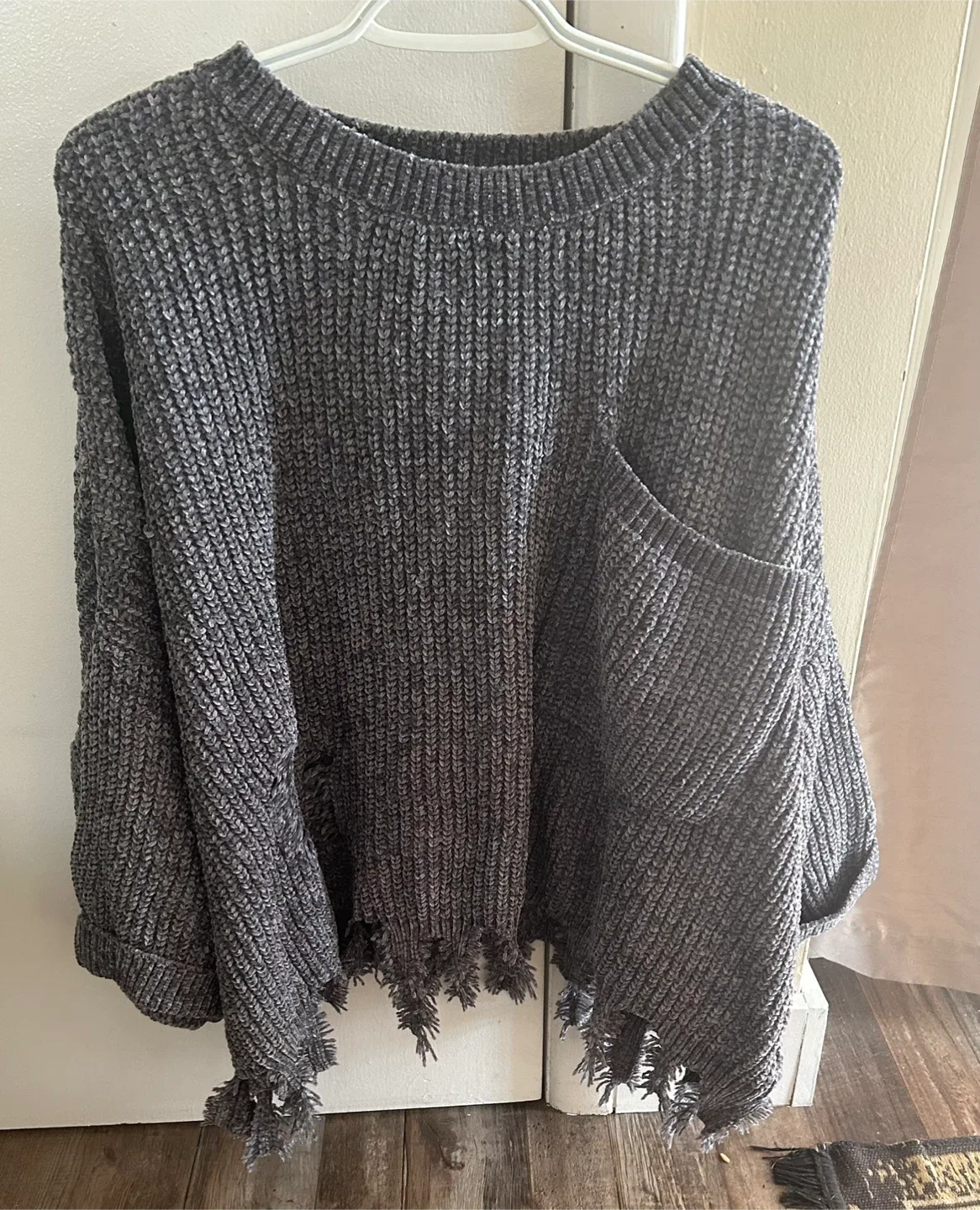 Grey Knit Sweater with Distressed Hem