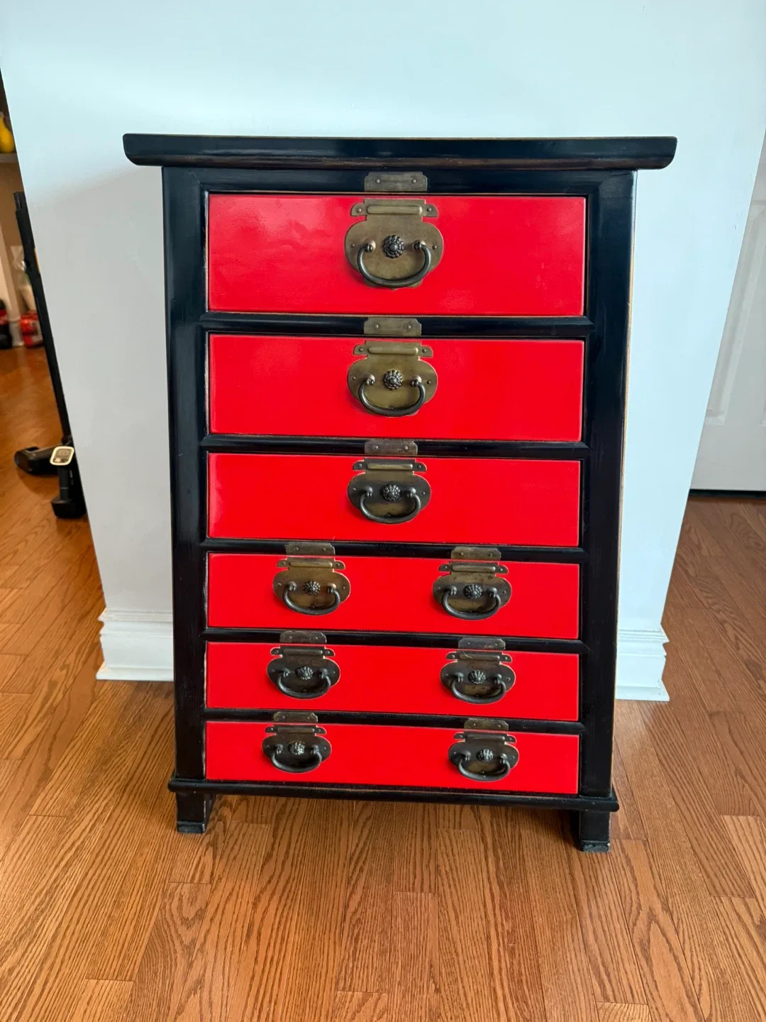 Chinese Antique Red & Black Accent Chest - 6 Drawers