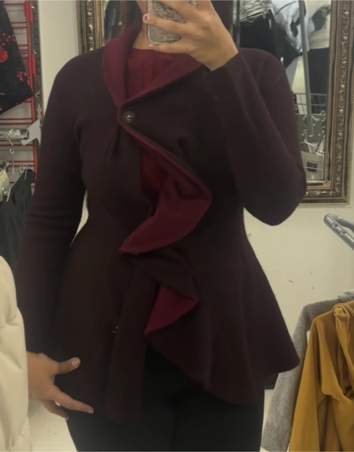 Vintage Burgundy Ruffle Front Jacket