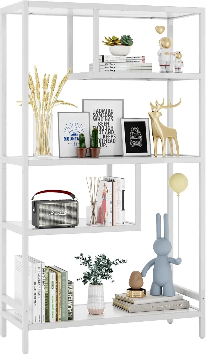 Geometric Bookshelf, Tall Modern White,  Engineered Wood, Metal