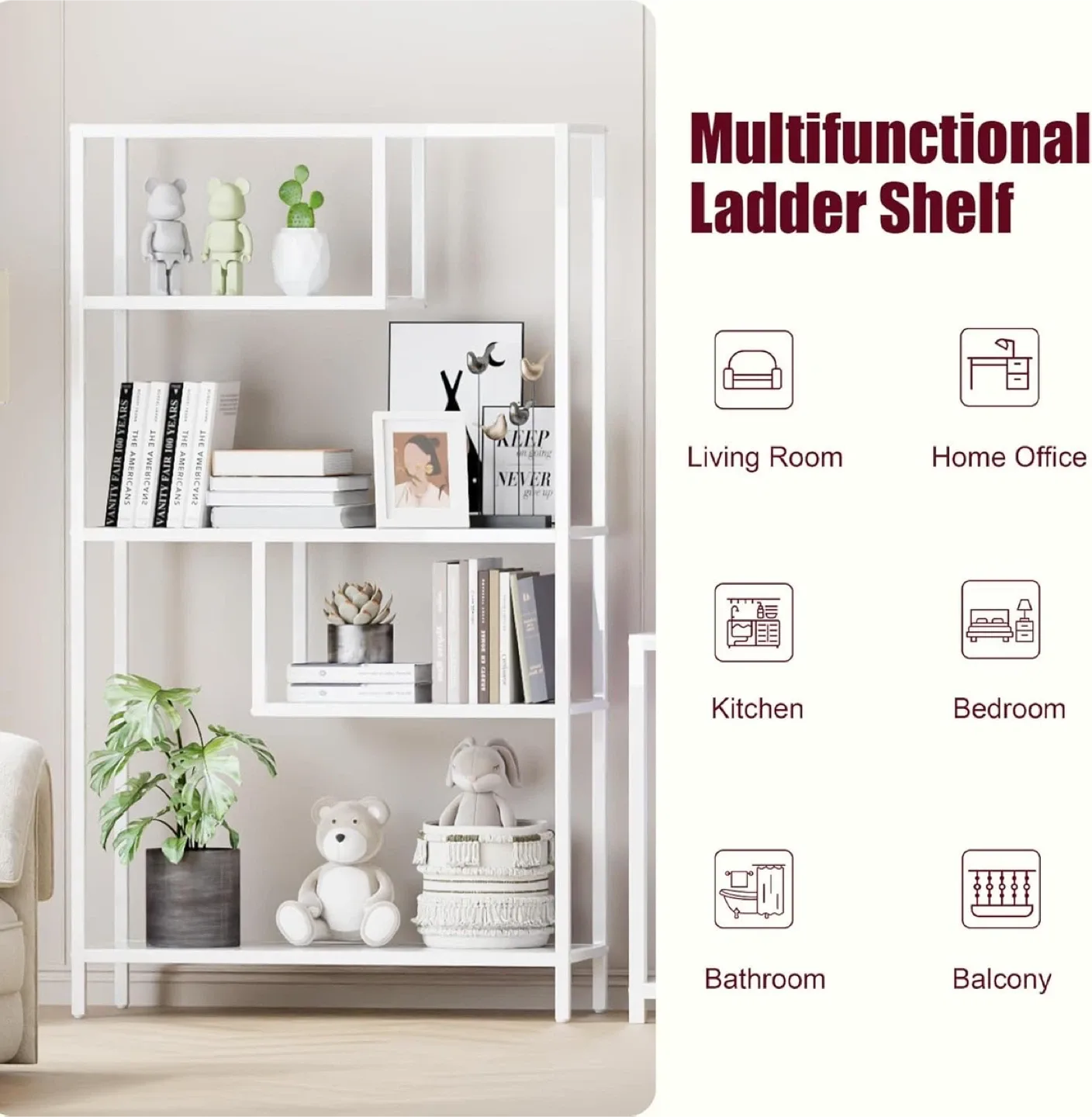 Geometric Bookshelf, Tall Modern White,  Engineered Wood, Metal image indicator(3)