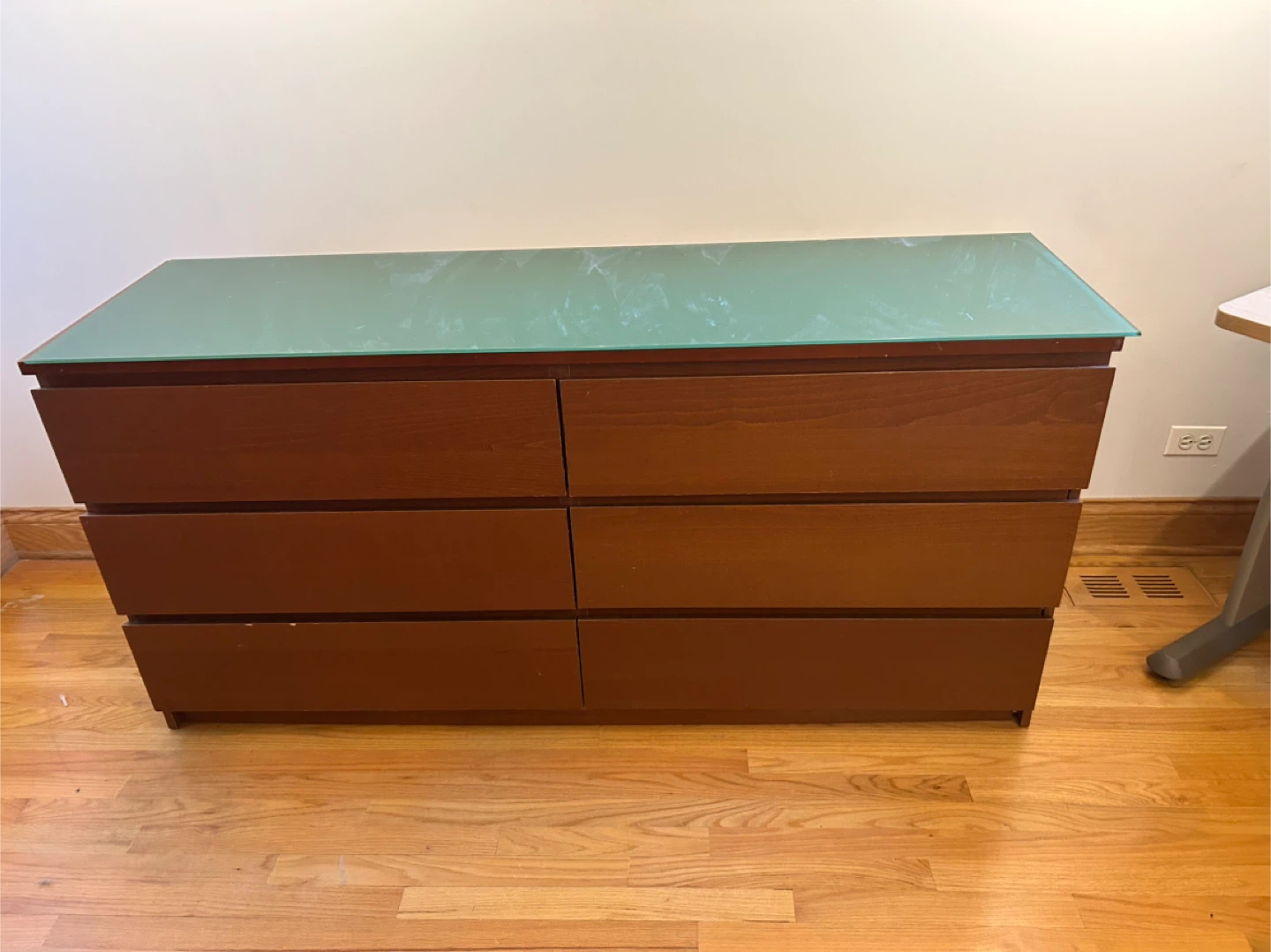 Brown 6-Drawer Dresser with Green Glass Top